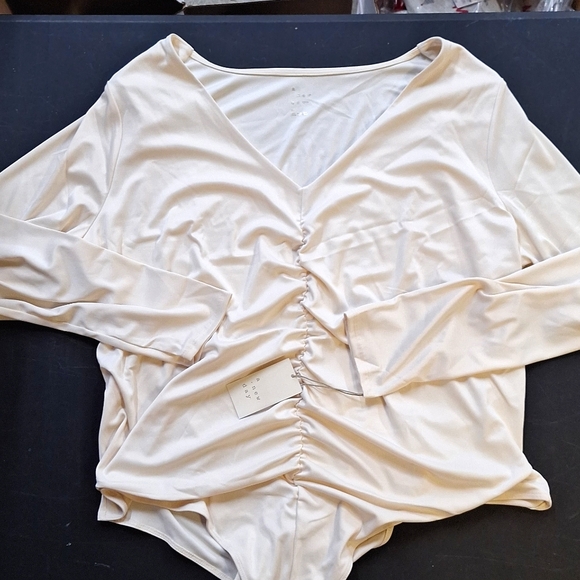 NEW! Long Sleeve Ruched Slim Fit Bodysuit, Cream - A New Day - Picture 2 of 9